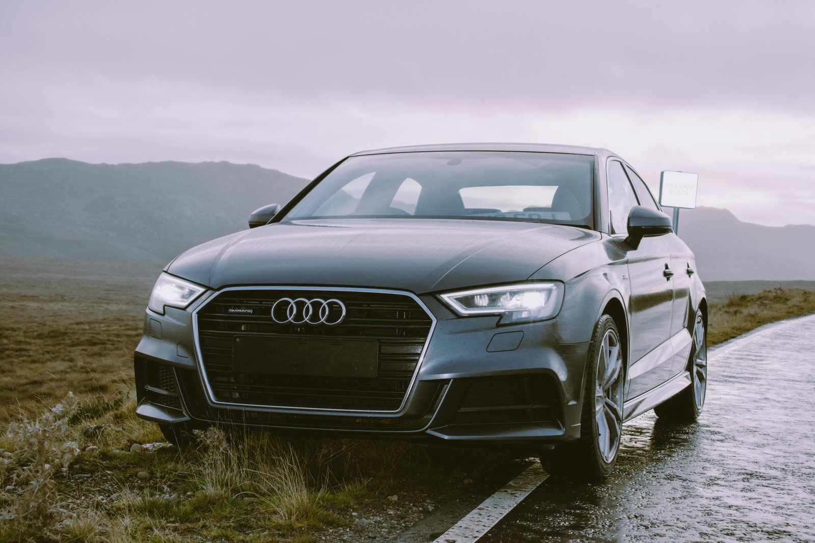 Elegant grey Audi sedan parked roadside, showcasing luxury automotive design against a scenic backdrop.